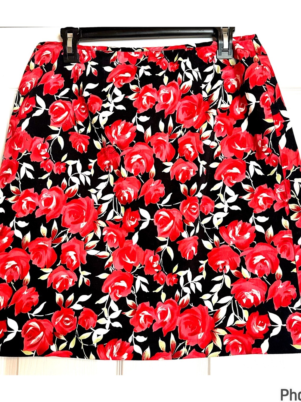 Black A-Line Skirt with Red Floral Print